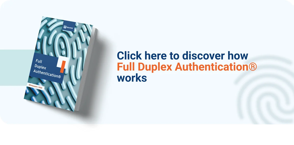 3D-patterned blue book titled "Full Duplex Authentication©" with text "Click here to discover how Full Duplex Authentication® works" beside it.